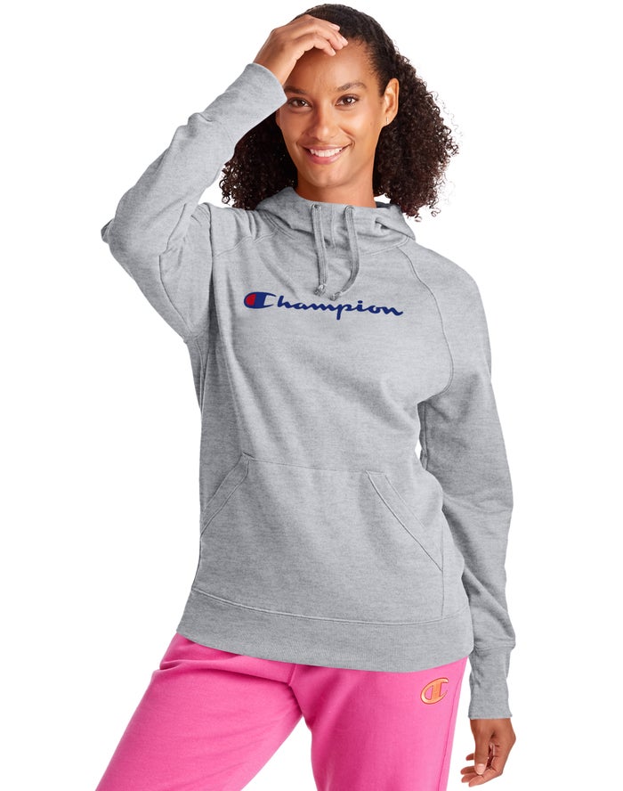 Champion Powerblend Fleece Script Logo Kadın Kapşonlu Sweatshirt Gri ( NIWDPU108 )